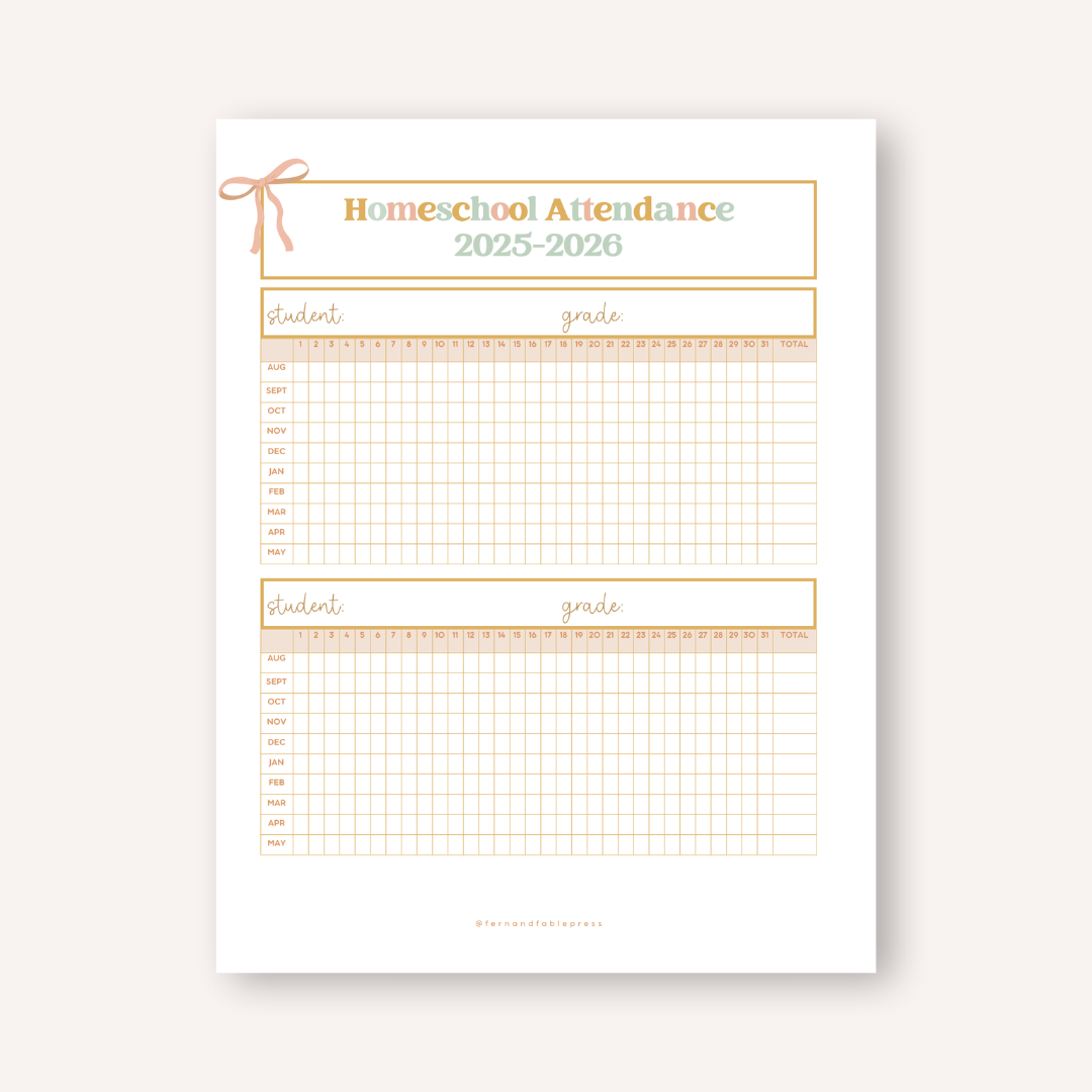 2025-2026 Homeschool Attendance Tracker