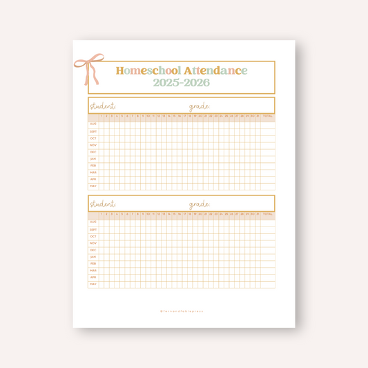 2025-2026 Homeschool Attendance Tracker