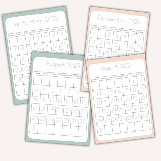 Traceable Monthly Calendar Pages August 2025-December 2026